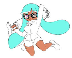 Rule 34 | 1girl, aqua hair, bespectacled, bike shorts, blunt bangs, breasts, commentary request, glasses, groin, inkling, inkling girl, inkling player character, jacket, large breasts, long hair, looking at viewer, mask, minamidena, multicolored eyes, nintendo, one eye closed, pointy ears, shoes, smile, sneakers, tan, tentacle hair, wide hips, zipper