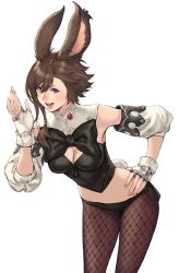 Rule 34 | 1girl, :d, animal ears, blue eyes, bow, bowtie, braid, breasts, brown hair, cleavage, detached sleeves, fake animal ears, final fantasy, final fantasy xiv, fingerless gloves, fishnets, gloves, highres, leotard, makimura shunsuke, medium breasts, midriff, open mouth, pantyhose, playboy bunny, rabbit ears, rabbit tail, short hair, smile, tail, viera