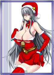 Rule 34 | 00s, 1girl, armpits, bad id, bad pixiv id, bell, belt, bracelet, breasts, cleavage, detached collar, detached sleeves, framed, gengoroh, hat, jewelry, large breasts, long hair, santa costume, santa hat, selvaria bles, senjou no valkyria (series), silver hair, solo, star (symbol), thighhighs, zettai ryouiki