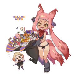 Rule 34 | 2girls, animal hands, bad id, bad pixiv id, candy, costume, fangs, food, fur trim, gloves, halloween, halloween costume, hat, highres, inkling, inkling girl, inkling player character, looking at viewer, multiple girls, navel, nintendo, open mouth, panties, paw gloves, paw shoes, simple background, single tear, splatoon (series), splatoon 2, stomach, tan, tanline, underwear, vampire costume, werewolf, white background, witch hat, yu-ri (arium047)