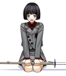 Rule 34 | 1girl, bare legs, black eyes, black hair, black necktie, buttons, collared shirt, commentary request, fangs, grey jacket, grey skirt, hands on own knees, highres, jacket, kendo, long sleeves, looking at viewer, necktie, ningiyau, open mouth, original, red shirt, school uniform, seiza, shinai, shirt, short hair, simple background, sitting, skirt, solo, sword, weapon, white background