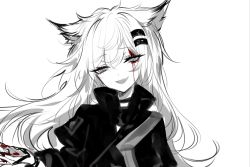 Rule 34 | 1girl, :d, animal ears, arknights, black jacket, blood, blood on face, eyelashes, grey eyes, hair between eyes, head tilt, high collar, jacket, lappland (arknights), long hair, long sleeves, looking at viewer, open mouth, sheya, simple background, smile, solo, upper body, white background, white hair, wolf ears