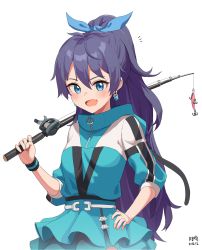 Rule 34 | 1girl, black hair, blue eyes, blush, commentary, earrings, fang, fishing rod, ganaha hibiki, hair ribbon, hand on own hip, highres, holding, holding fishing rod, idolmaster, idolmaster (classic), idolmaster million live!, idolmaster million live! theater days, jewelry, korean commentary, long hair, looking at viewer, myeolchi, open mouth, ponytail, ribbon, simple background, skin fang, smile, solo, white background