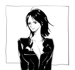 Rule 34 | 1girl, arms behind back, black hair, border, breasts, cleavage, collarbone, collared jacket, facing viewer, highres, jacket, large breasts, leather, leather jacket, looking to the side, medium hair, monochrome, one piece, outside border, portrait, shirt under jacket, light smile, solo, tsurime, white background, wind