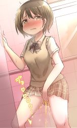 Rule 34 | 1girl, blush, covering privates, covering crotch, female focus, highres, idolmaster, idolmaster shiny colors, nanakusa nichika, open mouth, peeing, peeing self, short hair, skirt, solo, standing, sweat, tears, trembling, vanilla anmitsu