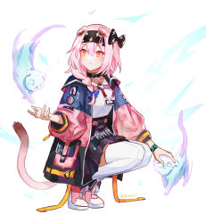 Rule 34 | 1girl, absurdres, animal ears, arknights, artist name, black hairband, black skirt, blush, bracelet, braid, cat, cat ears, cat girl, cat tail, coat, electricity, full body, goldenglow (arknights), hair between eyes, hair over shoulder, hairband, high-waist skirt, highres, id card, infection monitor (arknights), jewelry, lightning bolt print, long hair, long sleeves, looking back, open clothes, open coat, orange eyes, parted lips, petting, pink footwear, pink hair, scissors, scottish fold, shirt, shoes, shouz, simple background, single braid, skirt, sneakers, solo, squatting, tail, thighhighs, twitter username, white background, white shirt, white thighhighs