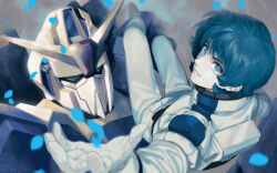 Rule 34 | 1boy, blue eyes, bodysuit, commentary request, green hair, gundam, highres, kamille bidan, looking at viewer, male focus, mecha, mobile suit, outstretched arm, parted lips, pilot suit, reaching, reaching towards viewer, robot, science fiction, short hair, smile, ususio 11, v-fin, white bodysuit, zero gravity, zeta gundam, zeta gundam (mobile suit)