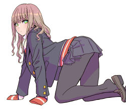 Rule 34 | 1girl, absurdres, all fours, arched back, black footwear, black jacket, black pantyhose, black skirt, blazer, blush, brown hair, expressionless, eyebrows hidden by hair, from side, green eyes, gridman universe, highres, jacket, long hair, looking at viewer, minami yume, pantyhose, school uniform, skirt, sleeves past fingers, sleeves past wrists, solo, ssss.dynazenon, yamashita shun&#039;ya