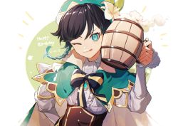 Rule 34 | 1boy, alcohol, aoiro oto, beer, beer mug, beret, black hair, bow, braid, cape, cup, flower, foam, foam mustache, genshin impact, green hair, green hat, hair between eyes, hat, highres, holding, holding cup, long sleeves, looking at viewer, male focus, mug, multicolored hair, one eye closed, simple background, solo, twin braids, venti (genshin impact), white flower