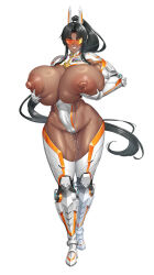 1girl armor black_hair breasts breasts_out breasts_squeezed_together cleavage covered_erect_nipples curvy dark-skinned_female dark_skin elbow_gloves gloves grabbing_own_breast hand_up hands_on_own_hips high_ponytail highleg highleg_leotard huge_breasts impossible_clothes leotard lilith-soft lips long_hair mirabell_bell muscular narrow_waist naughty_face nipples obui orange_eyes ponytail pussy_juice revealing_clothes shiny_skin simple_background sketch solo sweatdrop taimanin_(series) taimanin_rpgx thighs thong_leotard very_long_hair white_leotard