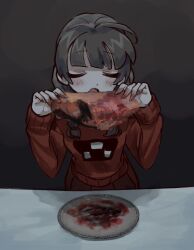 Rule 34 | 1girl, black hair, blood, blood on hands, blood on plate, blunt bangs, blush, brown hair, closed eyes, cowboy shot, dark, dot nose, fingernails, food, gradient background, grey background, hands up, holding, holding food, imminent bite, leaning forward, long sleeves, madotsuki, marshymaeart, meat, open mouth, plate, pleated skirt, raised eyebrows, red skirt, red sweater, shadow, skirt, solo, standing, sweater, table, yume nikki