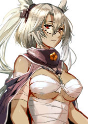 Rule 34 | 10s, 1girl, blonde hair, breasts, budget sarashi, collarbone, dark-skinned female, dark skin, female focus, glasses, highres, hunter.g, kantai collection, large breasts, looking at viewer, musashi (kancolle), musashi kai (kancolle), pointy hair, red eyes, sarashi, short hair, simple background, sketch, solo, two side up, upper body, white background