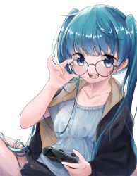 Rule 34 | 1girl, absurdres, adjusting eyewear, aqua eyes, aqua hair, bespectacled, collarbone, commentary, controller, frilled shirt, frills, game controller, glasses, hatsune miku, highres, holding, holding controller, holding game controller, jacket, jacket on shoulders, kazami-s, long hair, looking at viewer, open clothes, open jacket, open mouth, shirt, shorts, sitting, smile, solo, twintails, upper body, very long hair, vocaloid, white background, white shirt, wireless