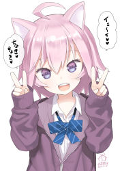 Rule 34 | 1girl, :d, ahoge, animal ears, blue bow, bow, capriccio, cat ears, collared shirt, commentary request, dated, diagonal stripes, double v, hair between eyes, hands up, head tilt, jacket, long sleeves, looking at viewer, open mouth, original, pink hair, purple eyes, purple jacket, round teeth, shirt, signature, simple background, sleeves past wrists, smile, solo, striped, striped bow, teeth, translation request, upper body, upper teeth only, v, white background, white shirt
