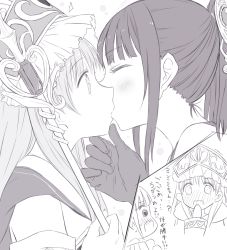 Rule 34 | 2girls, atelier (series), atelier totori, blush, embarrassed, closed eyes, full-face blush, gloves, grabbing another&#039;s chin, greyscale, hand on another&#039;s chin, hand to own mouth, kiss, maromi (am97), mimi houllier von schwarzlang, monochrome, multiple girls, ponytail, profile, staff, totooria helmold, yuri