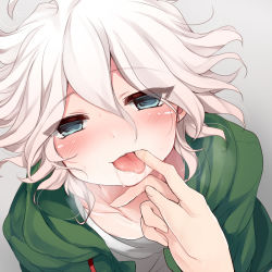 Rule 34 | 1boy, 1other, blue eyes, blush, collarbone, commentary request, danganronpa (series), danganronpa 2: goodbye despair, face, finger in another&#039;s mouth, gradient background, green jacket, grey background, hair between eyes, hoshihuri, jacket, komaeda nagito, looking at viewer, messy hair, open clothes, open jacket, open mouth, saliva, shirt, solo, sweat, tongue, tongue out, white hair