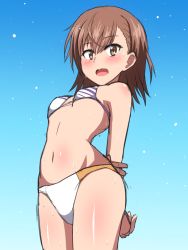 Rule 34 | 1girl, arms behind back, bikini, blue background, blurry, bokeh, breasts, cowboy shot, depth of field, embarrassed, from side, gradient background, legs together, looking at viewer, marupuni, misaka mikoto, open mouth, small breasts, solo, standing, striped bikini, striped clothes, swimsuit, toaru kagaku no railgun, toaru majutsu no index, toaru majutsu no virtual-on, wavy mouth, white bikini
