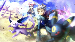 Rule 34 | 1boy, 1girl, black choker, blonde hair, boots, choker, clenched hands, cloud, coat, commentary request, creatures (company), day, espeon, game freak, gen 2 pokemon, hands up, highres, holding, holding poke ball, jacket, long sleeves, navel, nintendo, open clothes, open jacket, orange hair, outdoors, poke ball, poke ball (basic), pokemon, pokemon (creature), pokemon colosseum, purple shirt, rui (pokemon), shirt, short hair, skirt, sky, spiked hair, squatting, standing, supino, two side up, umbreon, wes (pokemon)