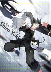 Rule 34 | 1girl, ainezu, animal, animal ears, animal on shoulder, arknights, arm up, arm warmers, belt, belt pouch, black footwear, black gloves, black pants, black shirt, blouse, blue eyes, boots, breasts, character name, commentary, copyright name, ear piercing, ermine, ferret, ferret ears, ferret tail, fingerless gloves, fishnets, gloves, hair over one eye, highres, holding, holding weapon, holster, looking at viewer, mask, mouth mask, pants, piercing, pouch, shirayuki (arknights), shirt, short hair, shuriken, silver hair, small breasts, solo, tail, thigh holster, thigh strap, toeless footwear, v-shaped eyebrows, weapon, weasel, weasel ears, weasel tail