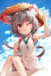 Rule 34 | 1girl, alternate costume, animal ear fluff, animal ears, bag, blue sky, blush, cloud, commentary request, day, dress, feet out of frame, grey hair, handbag, hat, highres, jewelry, kibayashi kimori, looking to the side, mouse ears, mouse girl, mouse tail, nazrin, one eye closed, open mouth, outdoors, pendant, red eyes, short hair, sitting, sky, sleeveless, sleeveless dress, solo, straw hat, tail, touhou, white dress