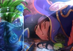 Rule 34 | 1girl, blush, closed eyes, fur trim, genshin impact, hat, highres, indoors, kanon (kanon kanon0770), mona (genshin impact), paper, parted lips, plant, purple hair, sleeping, slime (substance), solo, sunlight, table, tired, twintails, vase, water, witch hat