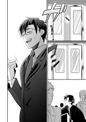 Rule 34 | 1girl, 2boys, cellphone, clenched hand, comic, faceless, faceless female, faceless male, flip phone, formal, glasses, greyscale, highres, idolmaster, idolmaster (classic), monochrome, multiple boys, necktie, open mouth, phone, producer (idolmaster), producer (idolmaster anime), smile, suit, sweatdrop, train, translation request, upper body, yorude guutarou