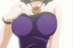 Rule 34 | 1girl, ageha (omamori himari), animated, animated gif, breasts, brown hair, convenient censoring, green eyes, jewelry, large breasts, necklace, no bra, omamori himari, out-of-frame censoring, solo, sweat, undressing
