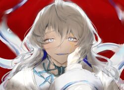Rule 34 | 1boy, bishounen, boli youyu, crazy smile, hair between eyes, highres, long hair, long sleeves, looking at viewer, male focus, mingwangsan950, open mouth, pov, pov hands, red background, smile, the tale of food, upper body, wavy hair, white hair