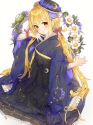 Rule 34 | 1girl, alternate costume, black hat, blonde hair, blush, commentary request, flower, hair between eyes, hair ribbon, hakama, hakama skirt, hand up, hat, hat flower, highres, japanese clothes, kantai collection, long hair, long sleeves, looking at viewer, low twintails, malachite, nontraditional miko, open mouth, purple flower, ribbon, satsuki (kancolle), sidelocks, simple background, sitting, skirt, smile, solo, twintails, very long hair, white background, white flower, wide sleeves, yellow eyes