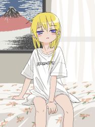 Rule 34 | 1girl, between legs, blonde hair, blush stickers, gishiki (gshk), hair down, hand between legs, highres, kill me baby, long hair, looking at viewer, naked shirt, on bed, painting (object), parted lips, purple eyes, shirt, short sleeves, simple background, sitting, solo, sonya (kill me baby)
