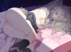 Rule 34 | 1girl, aftersex, arm behind head, ass, bed sheet, black skirt, breasts, censored, closing door, cum, cum in pussy, fuyusaka iori, highres, implied sex, looking to the side, mosaic censoring, one breast out, panties, panties around ankles, panty pull, pussy, skirt, socks, tears, thighs, underwear, vaginal, vanillaware, yuiga naoha
