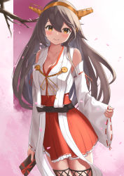 Rule 34 | 1girl, absurdres, bare shoulders, blush, boots, branch, breasts, brown eyes, cherry blossoms, cleavage, commentary, detached sleeves, english commentary, gift, grey hair, hair ornament, hairclip, haruna (kancolle), haruna kai ni (kancolle), headgear, highres, holding, holding gift, japanese clothes, kantai collection, long hair, looking at viewer, nontraditional miko, red skirt, skirt, smile, solo, thigh boots, thighhighs, toriaki, valentine