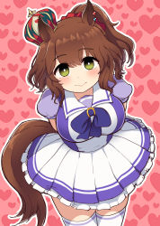 Rule 34 | 1girl, :&gt;, animal ears, arms behind back, aston machan (umamusume), blouse, bow, bowtie, breasts, brown hair, crown, earrings, frilled skirt, frills, green eyes, hair between eyes, head tilt, heart, heart background, heart earrings, highres, horse ears, horse girl, horse tail, horseshoe ornament, jewelry, large breasts, leaning forward, looking at viewer, pleated skirt, ponytail, puffy sleeves, purple bow, purple bowtie, purple shirt, red scrunchie, sailor collar, sailor shirt, school uniform, scrunchie, serafuku, shirt, short sleeves, simoyuki, skirt, solo, tail, thighhighs, tracen school uniform, umamusume, white skirt, white thighhighs