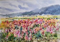 Rule 34 | akemisuisai, blue sky, building, cloud, cloudy sky, day, flower, forest, grasslands, highres, mountain, mountainous horizon, nature, no humans, original, painting (medium), red flower, scenery, sky, town, traditional media, watercolor (medium)