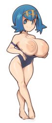 Rule 34 | 1girl, alternate breast size, blue eyes, blue hair, blush, breasts, breasts out, cameltoe, cleavage, creatures (company), full body, game freak, highres, huge breasts, lana (pokemon), large areolae, mystical, nintendo, nipples, pokemon, pokemon sm, short hair, simple background, swimsuit