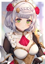 Rule 34 | 1girl, absurdres, apron, armor, blunt bangs, blush, braid, breastplate, breasts, cleavage, commentary request, eyelashes, flower, genshin impact, gloves, green eyes, grey hair, hair flower, hair ornament, highres, huge filesize, long sleeves, looking at viewer, maid, maid apron, maid headdress, medium breasts, neckerchief, noelle (genshin impact), red flower, red neckerchief, red rose, rose, short hair, smile, solo, upper body, usamochi., vambraces