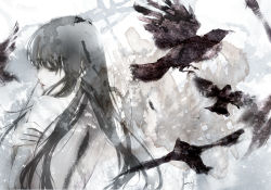 Rule 34 | 1girl, abstract background, bird, black eyes, black hair, crow, from behind, kiyohara hiro, lips, long hair, looking back, muted color, original, parted lips, profile, solo, topless, zipper
