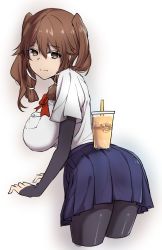 Rule 34 | 1girl, arched back, balancing, black pantyhose, blue skirt, breasts, brown eyes, brown hair, closed mouth, cropped legs, cup, drinking straw, from side, hair between eyes, hair flaps, highres, large breasts, long hair, looking at viewer, looking back, original, pantyhose, pleated skirt, shirt, short sleeves, sidelocks, skirt, solo, twintails, twisted torso, white shirt, xiujia yihuizi