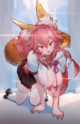 Rule 34 | 1girl, absurdres, all fours, animal ear fluff, animal ears, black skirt, blush, breasts, cleavage, collared shirt, dress shirt, fate/extra, fate (series), fox ears, fox girl, fox tail, hair between eyes, hanging breasts, highres, large breasts, licking lips, long hair, looking at viewer, nipples, nox13, pink hair, pleated skirt, shirt, short sleeves, sidelocks, skirt, smile, tail, tamamo (fate), tamamo no mae (fate/extra), thighhighs, thighs, tongue, tongue out, white shirt, white thighhighs, yellow eyes