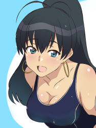 Rule 34 | 1girl, :d, antenna hair, bare shoulders, black hair, blue eyes, breasts, cleavage, competition swimsuit, earrings, fang, ganaha hibiki, highres, hoop earrings, idolmaster, idolmaster (classic), jewelry, kagemusha, looking at viewer, one-piece swimsuit, open mouth, ponytail, school swimsuit, smile, solo, swimsuit