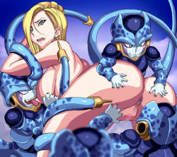 Rule 34 | 1girl, android 18, ass, backboob, blonde hair, breasts, cell jr, censored, dragon ball, earrings, ichijiku, jewelry, large breasts, looking back, nipples, pussy, rape, tentacles