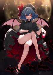 Rule 34 | 1girl, absurdres, alcohol, alternate color, alternate costume, bat (animal), bat wings, black dress, black footwear, black hat, black sky, black sleeves, blue hair, brooch, closed mouth, commentary, crossed legs, cup, daimaou ruaeru, dress, drinking glass, english commentary, full body, full moon, gem, glass, grey background, hair between eyes, hands up, hat, hat ribbon, high heels, highres, holding, holding cup, invisible chair, jewelry, looking to the side, mob cap, moon, nail polish, night, night sky, puffy short sleeves, puffy sleeves, pumps, red eyes, red nails, red ribbon, remilia scarlet, ribbon, shoes, short hair, short sleeves, single wrist cuff, sitting, sky, smile, solo, sparkle, star (symbol), starry background, touhou, two-sided fabric, two-sided skirt, wine, wine glass, wings, wrist cuffs
