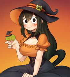 Rule 34 | 1girl, :&gt;, alternate costume, animal on finger, asui tsuyu, black dress, boku no hero academia, breasts, cleavage, cleavage cutout, closed mouth, clothing cutout, dark green hair, dress, frog, frog girl, hair between eyes, hair rings, halloween, hat, highres, large breasts, long hair, low-tied long hair, multicolored clothes, multicolored dress, orange dress, puffy short sleeves, puffy sleeves, short sleeves, sitting, solo, sookmo, witch hat