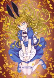 Rule 34 | 1girl, absurdres, animal ears, blonde hair, blue dress, blue footwear, dress, focke wulf, green eyes, highres, mary janes, non-web source, open mouth, original, rabbit ears, scan, shoes, thighhighs, white thighhighs