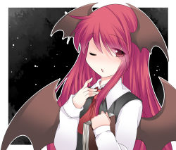 Rule 34 | 1girl, ;o, ascot, bad id, bad pixiv id, bat wings, book, chestnut mouth, commentary request, demon girl, dress shirt, hammer (sunset beach), head wings, holding, holding book, koakuma, long hair, long sleeves, looking at viewer, one eye closed, open mouth, outline, red eyes, red hair, shirt, sky, solo, star (sky), starry sky, demon girl, touhou, upper body, very long hair, vest, wings, wink