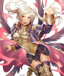 Rule 34 | 1girl, absurdres, armor, artist name, bad id, bad twitter id, black wings, fingernails, fire emblem, fire emblem awakening, grima (fire emblem), highres, long sleeves, nintendo, open mouth, red eyes, robin (female) (fire emblem), robin (fire emblem), sharp fingernails, simple background, solo, tecchen, thighhighs, twintails, white background, white hair, wings, zettai ryouiki