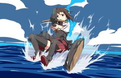 Rule 34 | 10s, 1girl, aiming, bike shorts, bow (weapon), brown eyes, brown hair, crossbow, headgear, highres, kantai collection, kinosuke (sositeimanoga), looking at viewer, short hair, skating, skirt, solo, taihou (kancolle), thighhighs, water, weapon
