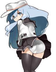 Rule 34 | 10s, 1girl, :&lt;, ass, bad id, bad twitter id, black skirt, black thighhighs, blue eyes, blue hair, flat cap, from behind, hat, hibiki (kancolle), hishigata, kantai collection, long hair, long sleeves, looking back, matching hair/eyes, panties, pantyshot, pleated skirt, sailor collar, sailor hat, simple background, skirt, solo, standing, thighhighs, underwear, upskirt, verniy (kancolle), white background, white panties, wind, wind lift