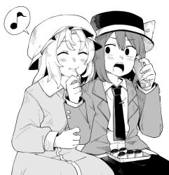 Rule 34 | 2girls, :o, anarogumaaa, blazer, blush, bow, cellphone, commentary request, dress, eating, food, greyscale, hair between eyes, hat, hat bow, jacket, long sleeves, maribel hearn, mob cap, monochrome, multiple girls, musical note, necktie, open mouth, phone, quaver, simple background, sitting, smartphone, smile, spoken musical note, surprised, takoyaki, touhou, usami renko, white background