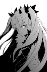 Rule 34 | 1girl, absurdres, blurry, blurry background, blurry foreground, cape, crescent, crescent facial mark, depth of field, ereshkigal (fate), facial mark, fate/grand order, fate (series), fur-trimmed cape, fur trim, greyscale, highres, jewelry, long hair, looking at viewer, monochrome, open mouth, parted bangs, solo, space ishtar (third ascension) (fate), star-shaped pupils, star (symbol), symbol-shaped pupils, tsukamoto minori, two side up, very long hair